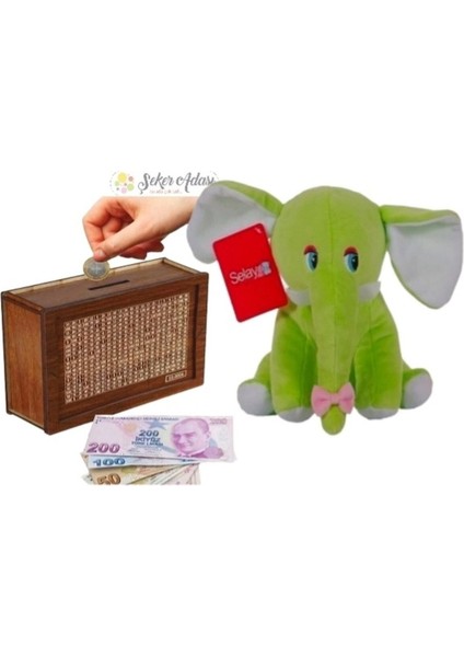 Sevimli Fil 20 cm Peluş Oyuncak ve Ahşap Hedefli Kumbara Para Biriktirme Kutusu