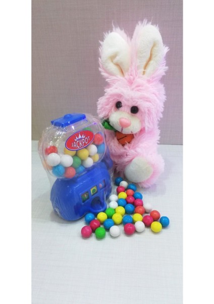 2 Si 1 Arada / Sevimli Arkadaşım Havuç Seven Tavşan 15 cm ve Mavi Jackpot Sakız Makinesi