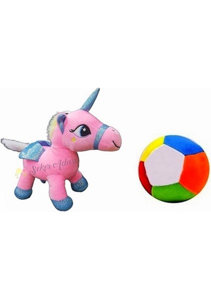 Peluş Pembe Unicorn Pony At 20 cm ve Peluş Top 12 cm - 2 Ürün 1 Arada Oyuncak
