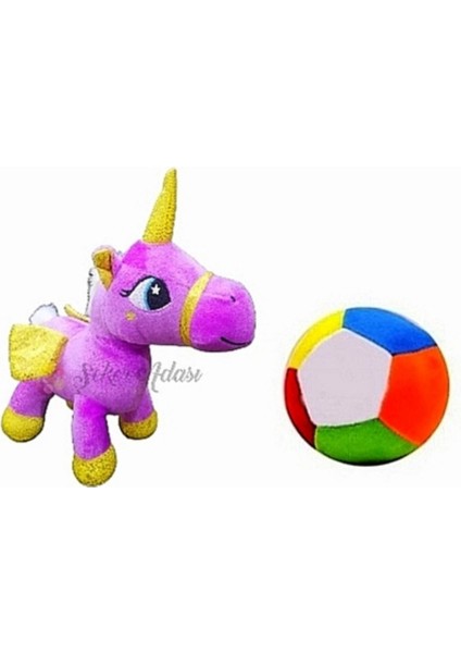 Peluş Mor Unicorn Pony At 20 cm ve Peluş Top 12 cm - 2 Ürün 1 Arada Oyuncak