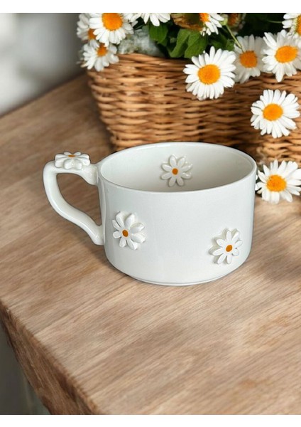 Mshandmade El Yapımı Seramik Çay Kahve Kupası Duble Türk Kahvesi Fincanı Kupa, Daisy Mug2