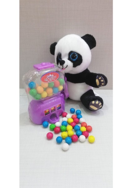 2 Si 1 Arada / Sevimli Panda 15 cm ve Mor Jackpot Sakız Makinesi