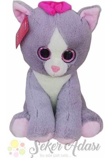 Sevimli Oturan Pembe Tokalı Camgöz Peluş Kedi 30 cm fiyatları