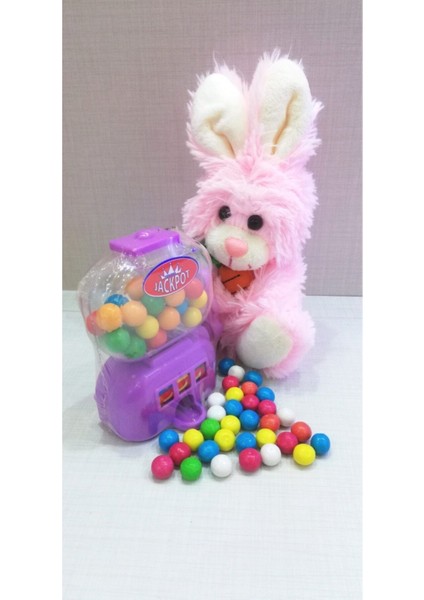2 Si 1 Arada / Sevimli Arkadaşım Havuç Seven Tavşan 15 cm ve Mor Jackpot Sakız Makinesi