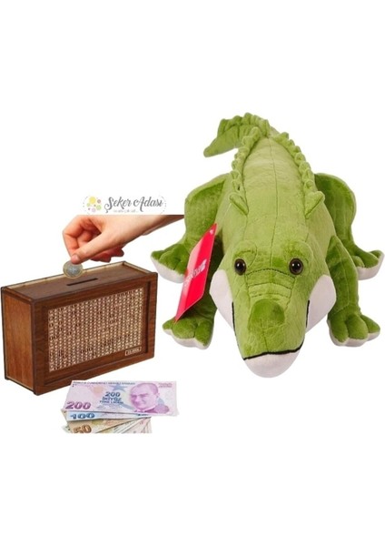 Vahşi Canavar Timsah 80 cm Peluş Oyuncak ve Ahşap Hedefli Kumbara Para Biriktirme Kutusu