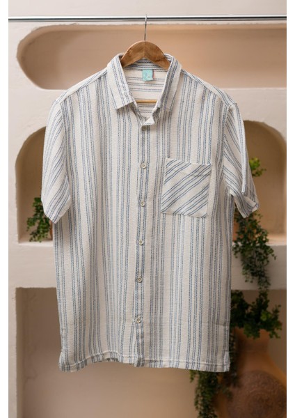 Slimfit Kısa Kollu Çizgili Cepli Yazlık Spor Hasır Dokulu Gömlek