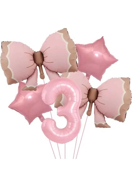 3 Yaş Pembe Renkli Retro Pembe Fiyonklu Balonlu Doğum Günü Parti Seti Süsü