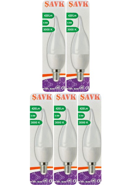 (5 adet) Şavk 5,5W (37W) Sarı Işık (3000K) E14 DUYLU (Ince Duy) LED Kıvrık Ampul