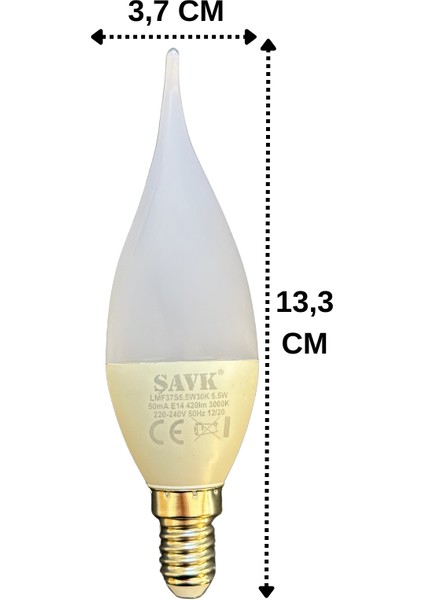 (6 adet) Şavk 5,5W (37W) Sarı Işık (3000K) E14 DUYLU (Ince Duy) LED Kıvrık Ampul