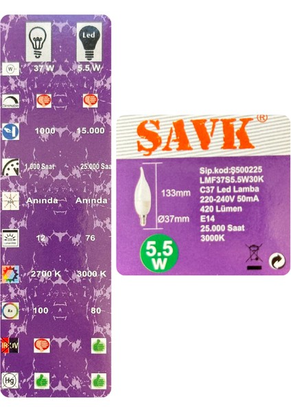 (6 adet) Şavk 5,5W (37W) Sarı Işık (3000K) E14 DUYLU (Ince Duy) LED Kıvrık Ampul