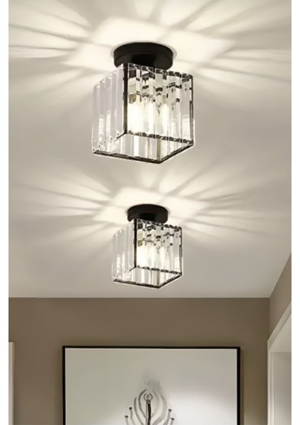 Modern Luxury Plafonyer Tavan Avize Hol Antre Siyah Kare Kristal Taşlı Avize