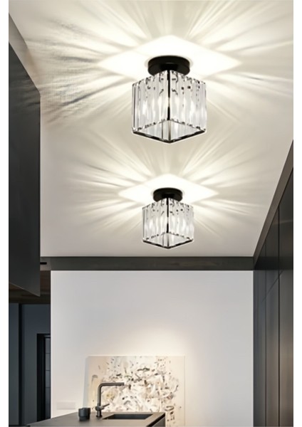 Modern Luxury Plafonyer Tavan Avize Hol Antre Siyah Kare Kristal Taşlı Avize