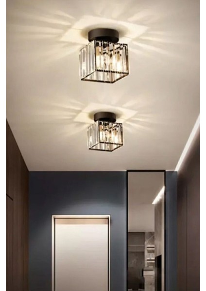 Modern Luxury Plafonyer Tavan Avize Hol Antre Siyah Kare Kristal Taşlı Avize