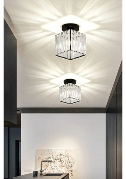 Modern Luxury Plafonyer Tavan Avize Hol Antre Siyah Kare Kristal Taşlı Avize