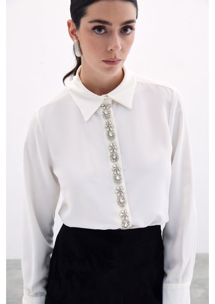 Şerit Aksesuarlı Gömlek - Ekru modelleri