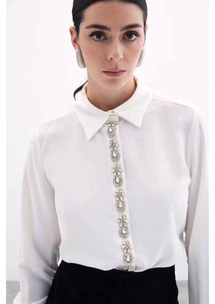 Şerit Aksesuarlı Gömlek - Ekru fırsatları
