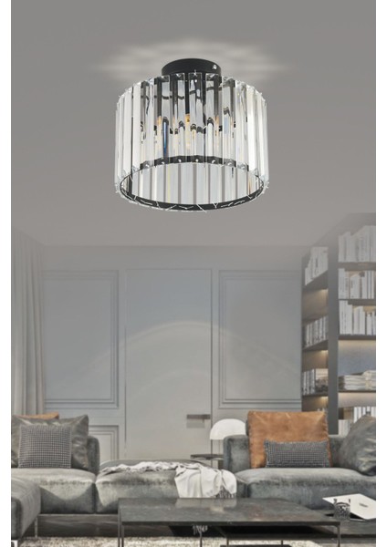 Modern Lüx Kristal Siyah Plafonyer Avize