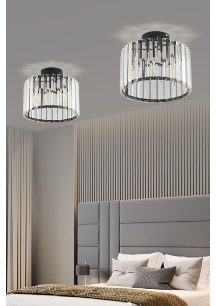 Modern Lüx Kristal Siyah Plafonyer Avize