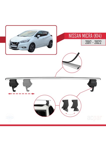 Nissan Micra 5 (K14) 2017-2022 Arası ile Uyumlu Ace-4 Ara Atkı Tavan Barı Gri 2 Adet modelleri