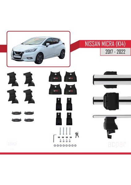 Nissan Micra 5 (K14) 2017-2022 Arası ile Uyumlu Ace-4 Ara Atkı Tavan Barı Gri 2 Adet indirimleri