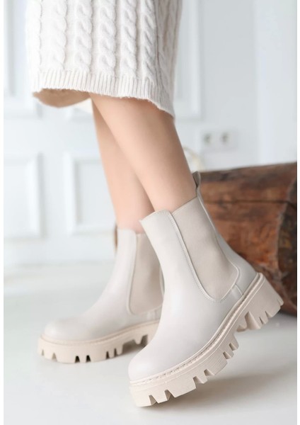 Ninle Bej Cilt Topuklu Bot