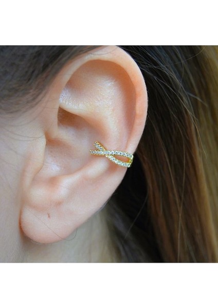 Zirkon Taşlı Minimal Earcuff Deliksiz Kıkırdak Küpesi Çapraz Taşlı Earcuff
