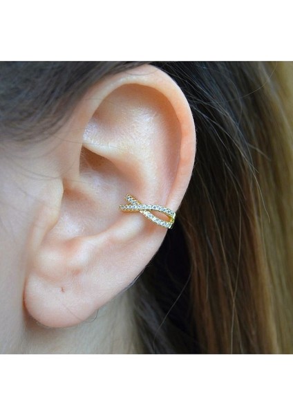 Zirkon Taşlı Minimal Earcuff Deliksiz Kıkırdak Küpesi Çapraz Taşlı Earcuff fiyatları