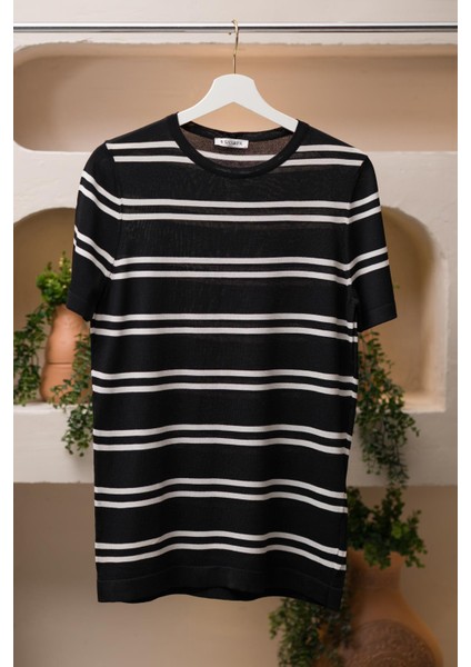 Bisiklet Yaka Çizgili Rayon Kumaş Slimfit T-Shirt