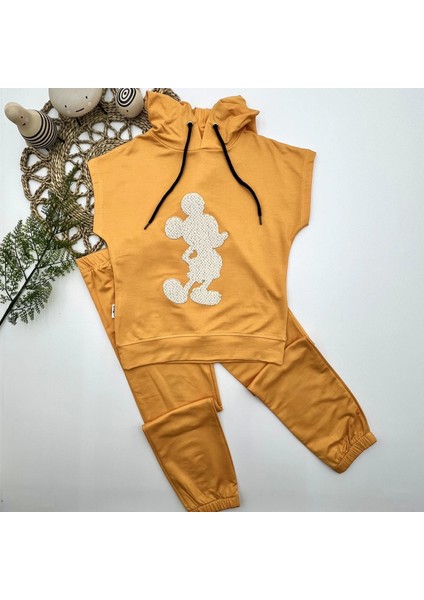 3-4-5 Yaş Kapşonlu Payetli Mickey Desenli Kısa Kol 2li Kız Erkek Çocuk Takımı