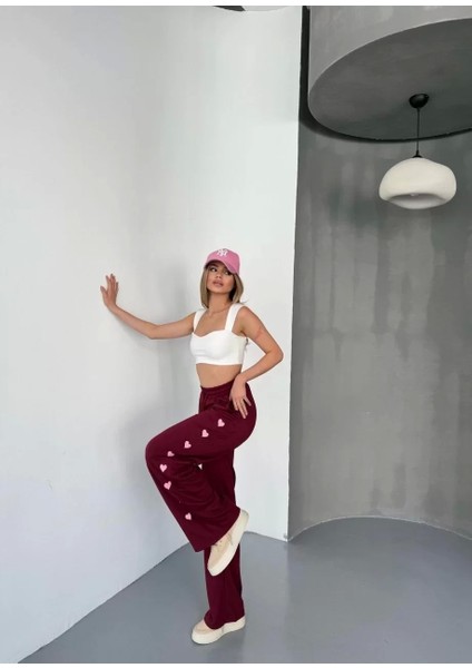 Osy Modal Yumuşak Dokulu Kumaş Nakış Işlemeli Rahat Bol Paça Eşofman Pantalon - Bordo modelleri