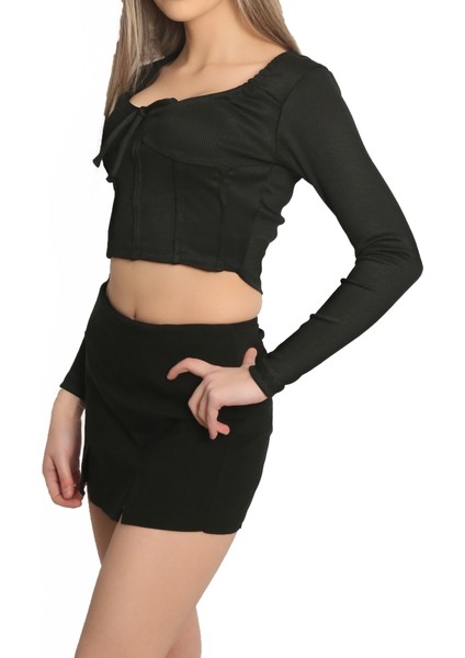 Şeritli Detaylı Crop Kadın Bluz