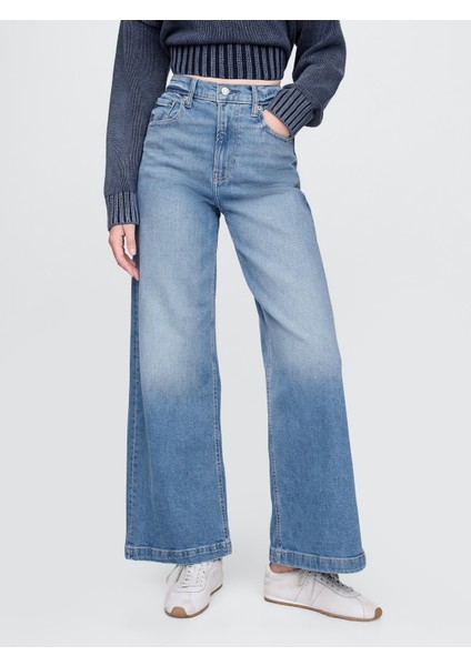 Kadın Mavi High Stride Wide-Leg Ankle Jean Pantolon indirimleri