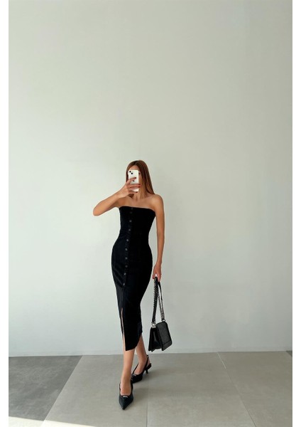 Kadın Straplez Denim Siyahmidi Elbise