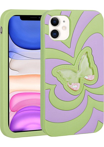Apple iPhone 11 Kılıf Sıvılı Simli Kelebekli Tasarım Vodena Kapak-Yeşil