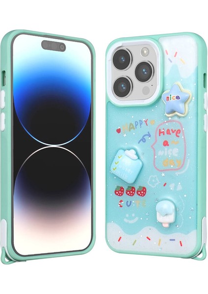 Apple iPhone 14 Pro Max Kılıf Parlayan Sıvılı Simli Kabartma Figürlü Cevze Kapak-Yeşil