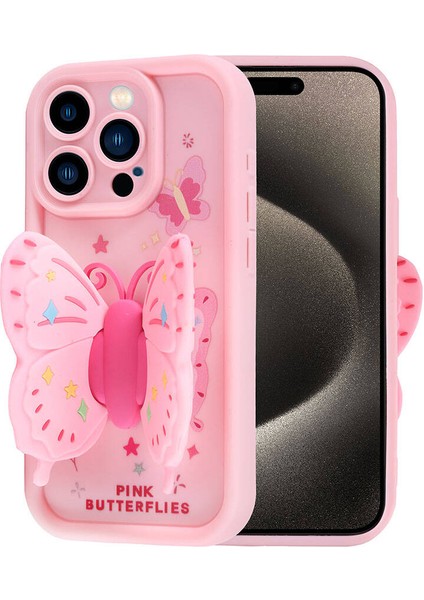 Apple iPhone 15 Pro Kılıf Kamera Korumalı Figür Tasarımlı Vrdr Kapya Kapak-Pembe Açık