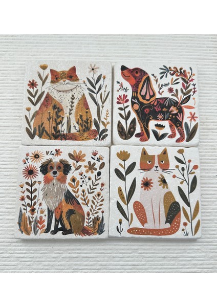Kedi-Köpek Desenli Doğal Taş Bardak Altlığı – 4’lü Set