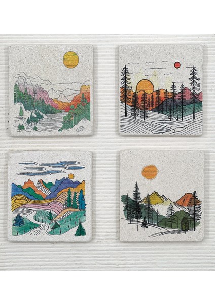Doğa Manzarası Desenli Taş Bardak Altlığı – 4’lü Set