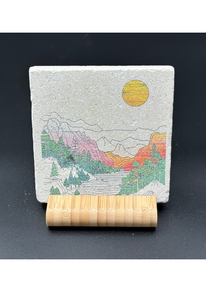 Doğa Manzarası Desenli Taş Bardak Altlığı – 4’lü Set