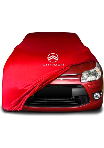 Citroen C4 (2007 - 2011) Kırmızı Kumaş Araba Branda Logolu Kumaş Araba Brandası Penye Oto Branda