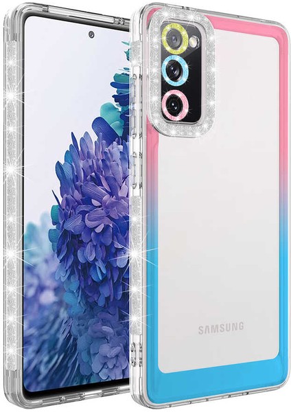 Galaxy S20 Fe Kılıf Simli ve Renk Geçiş Tasarımlı Lens Korumalı Vrdr Park Kapak-Pembe-Mavi