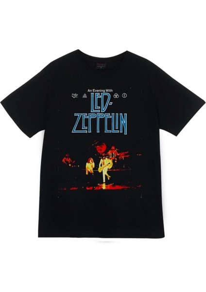 Unisex Siyah LED Zeppelin Baskılı T-Shirt
