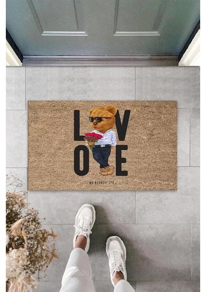 Bej Kapı Önü Paspası Kırmızı Güller Ayıcık Desen K-3338