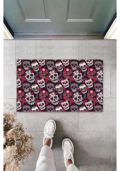 Dijital Baskı Kırmızı Çoklu Kurukafa Paspas K-3076