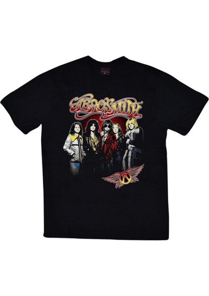 Unisex Siyah Aerosmith Baskılı T-Shirt
