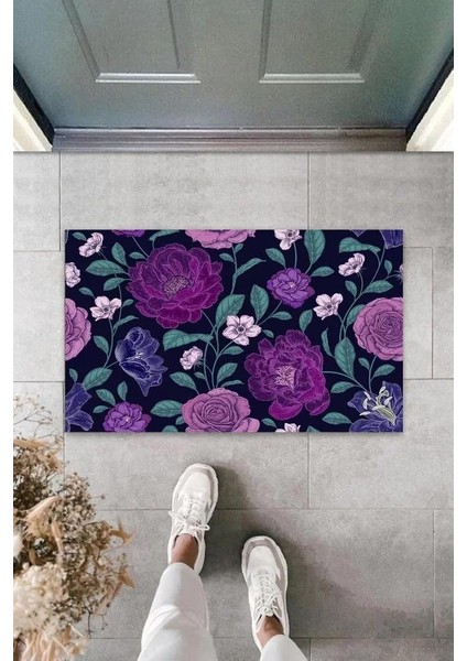 Dijital Büyük Çiçekler Mor Kapı Paspası Dış Mekan Paspas K-3067
