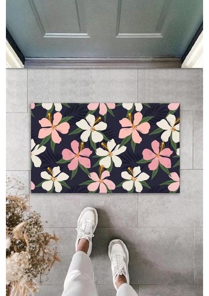 Dekoratif Dijital Baskı Siyah-Pembe Çiçek Dış Mekan Paspas K-2102