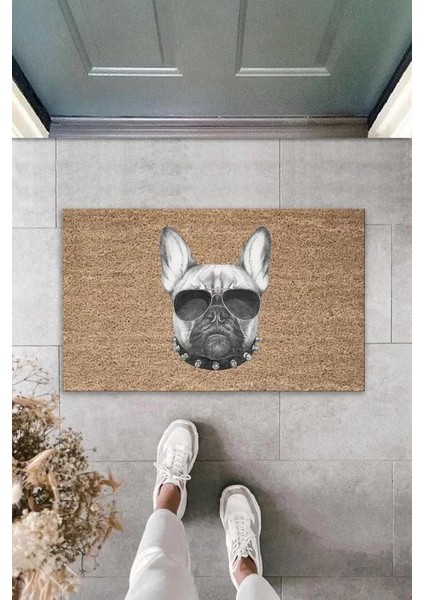 Dijital Baskı Kahverengi Güneş Gözlüklü Tasmalı Ciddi Köpek Dekoratif Kapı Paspası K-2017