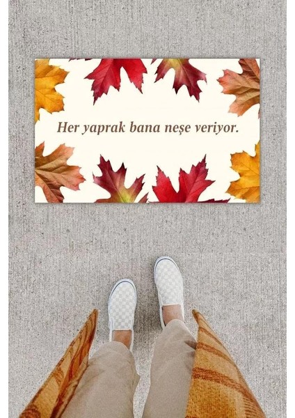Dijital Baskı Dekoratif Kuru Yaprak Bej Kapı Önü Paspası K-1203