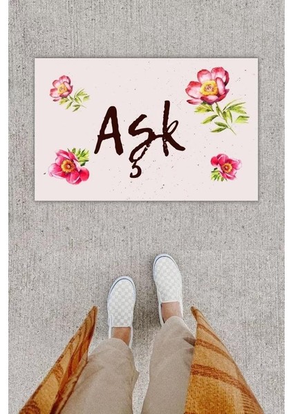 Dijital Baskı Dekoratif Çiçek Krem Kapı Önü Paspası K-1206